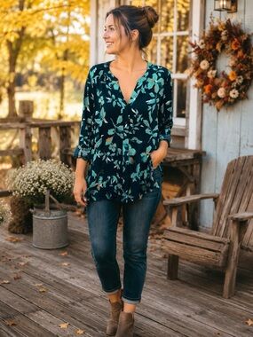 Prescott New York XL Teal Floral Ruffle Hem V Neck Tunic Blouse Boho